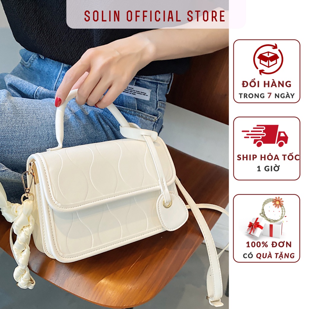 Túi xách nữ đeo chéo cầm tay da cao cấp phối dây nơ màu trắng dây đeo tùy chỉnh phong cách Hàn Quốc Solin T22