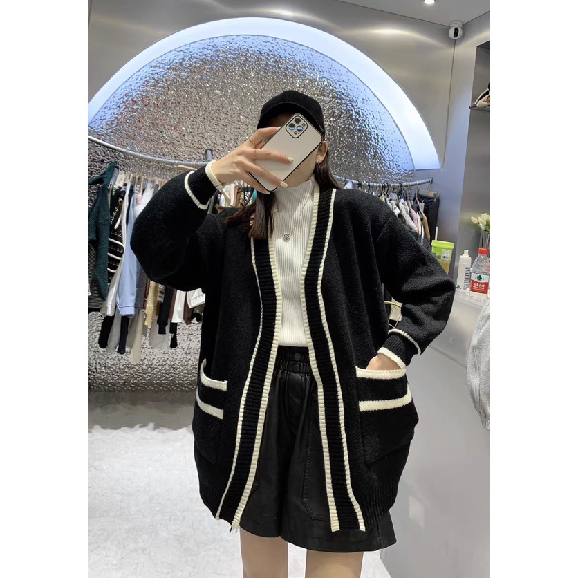 Áo khoác len cardigan trơn phối viền Forgirl dáng xuông có túi
