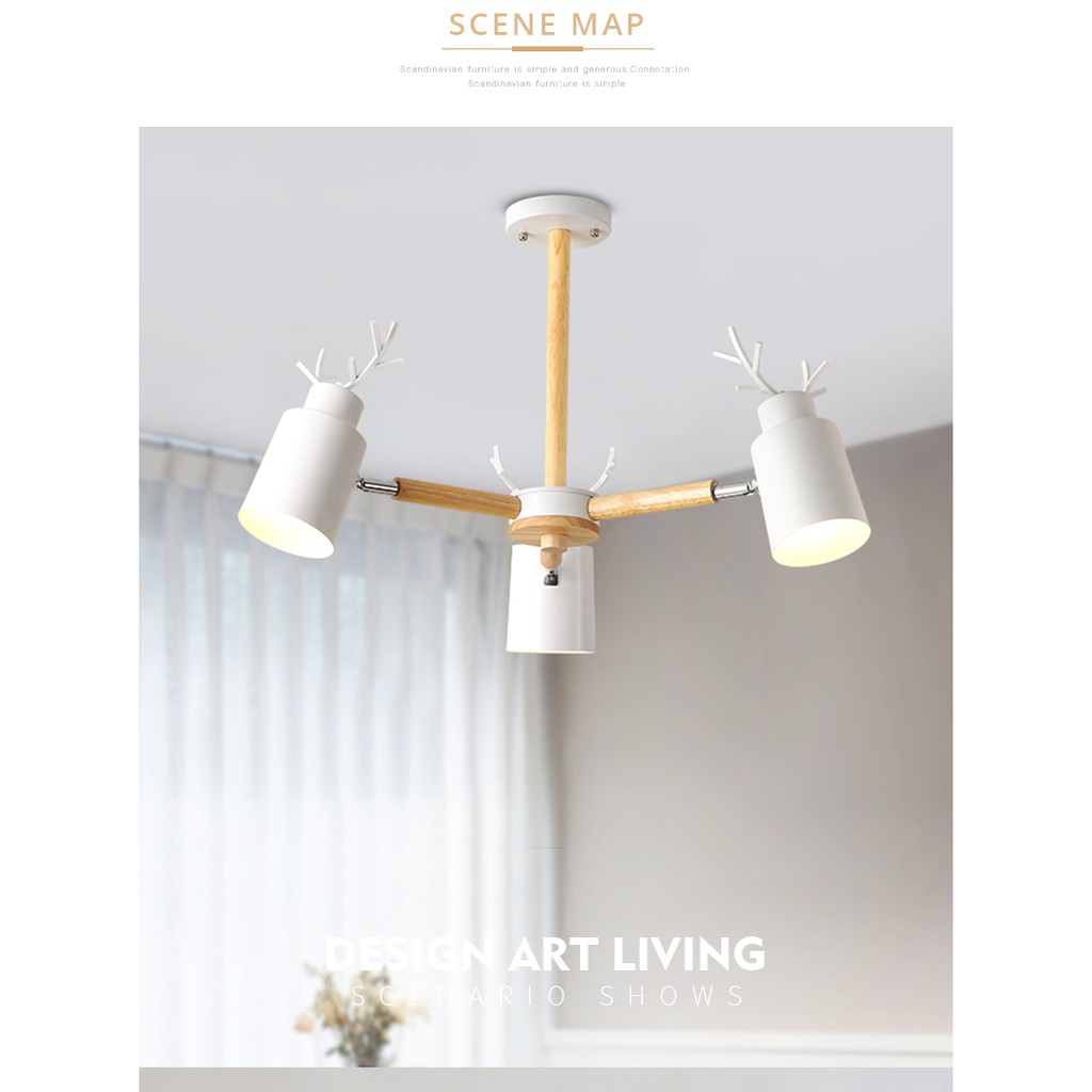 Đèn Chùm Decor Vintage Sừng Hươu 3 tay (Các màu) - Tặng kèm 3 bóng led - Có Video - Decor phòng khách phòng ngủ Bắc Âu
