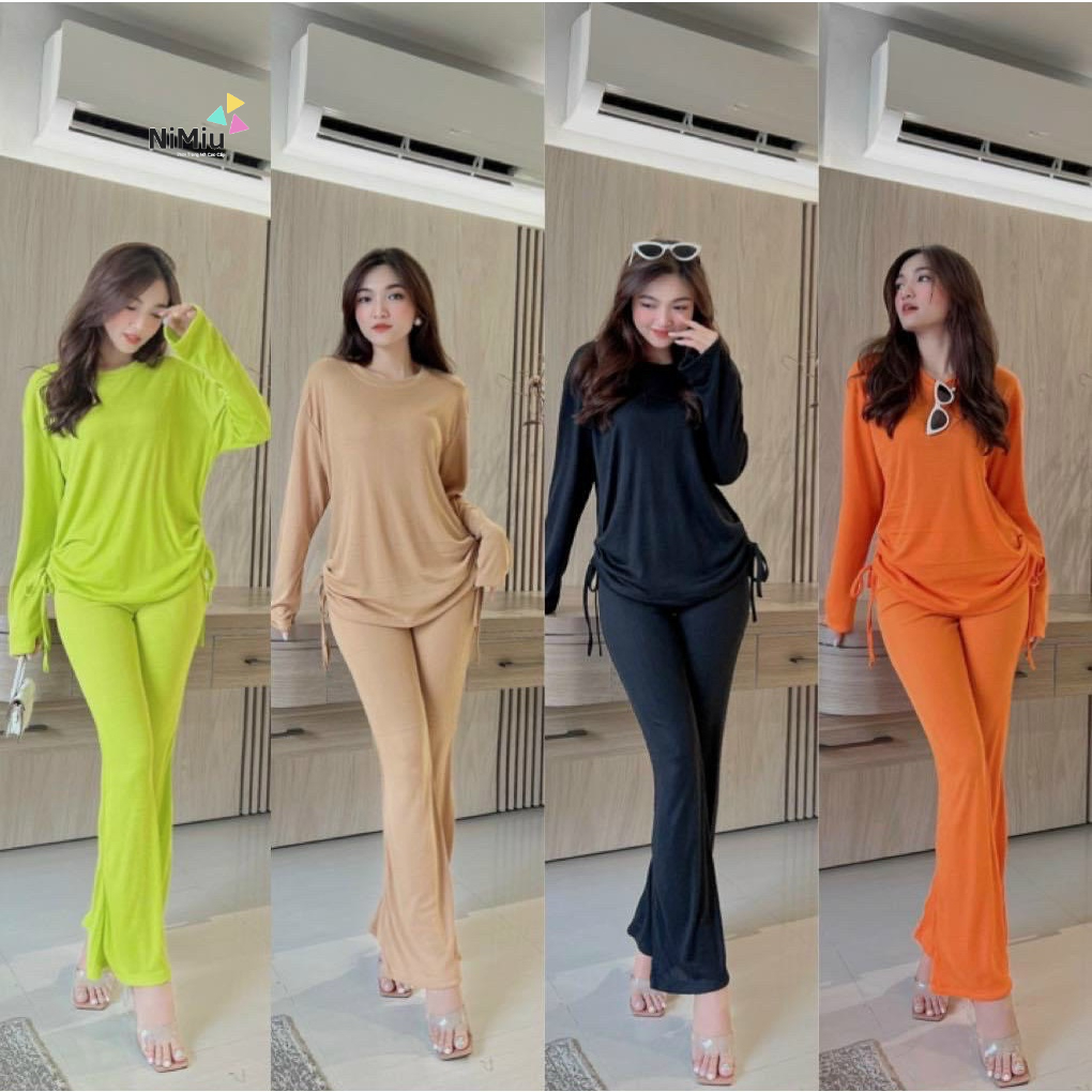 Sét bộ thời trang nữ mặc đi chơi, Sét bộ thun cotton mát fom rộng áo tay dài cổ tròn mix quần dài