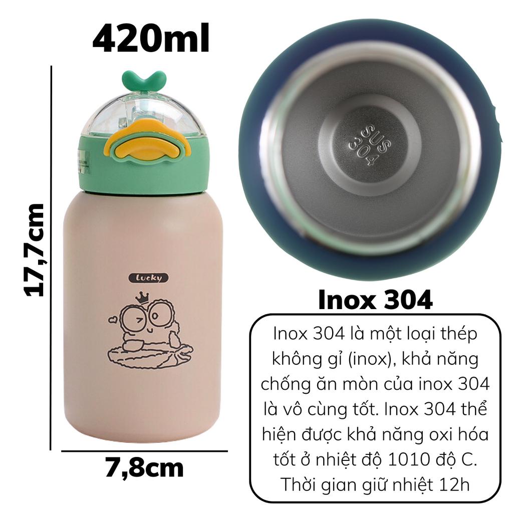 Bình giữ nhiệt cho bé đi học hình vịt dễ thương 420ml, bình uống nước cho bé chất liệu inox 316 có ống hút _ GICMAN