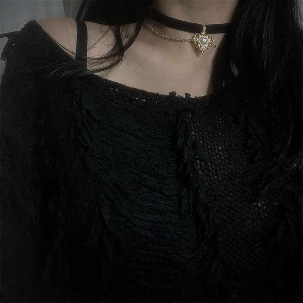 Vòng cổ choker bằng nhung mặt trái tim màu vàng thời trang cổ điển cho nữ