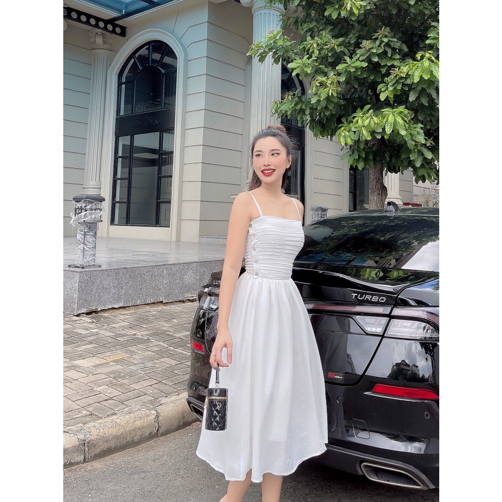 Đầm xòe dây xếp ly ngực sang trọng đính nút độc đáo Vanessa DD14 Cin House