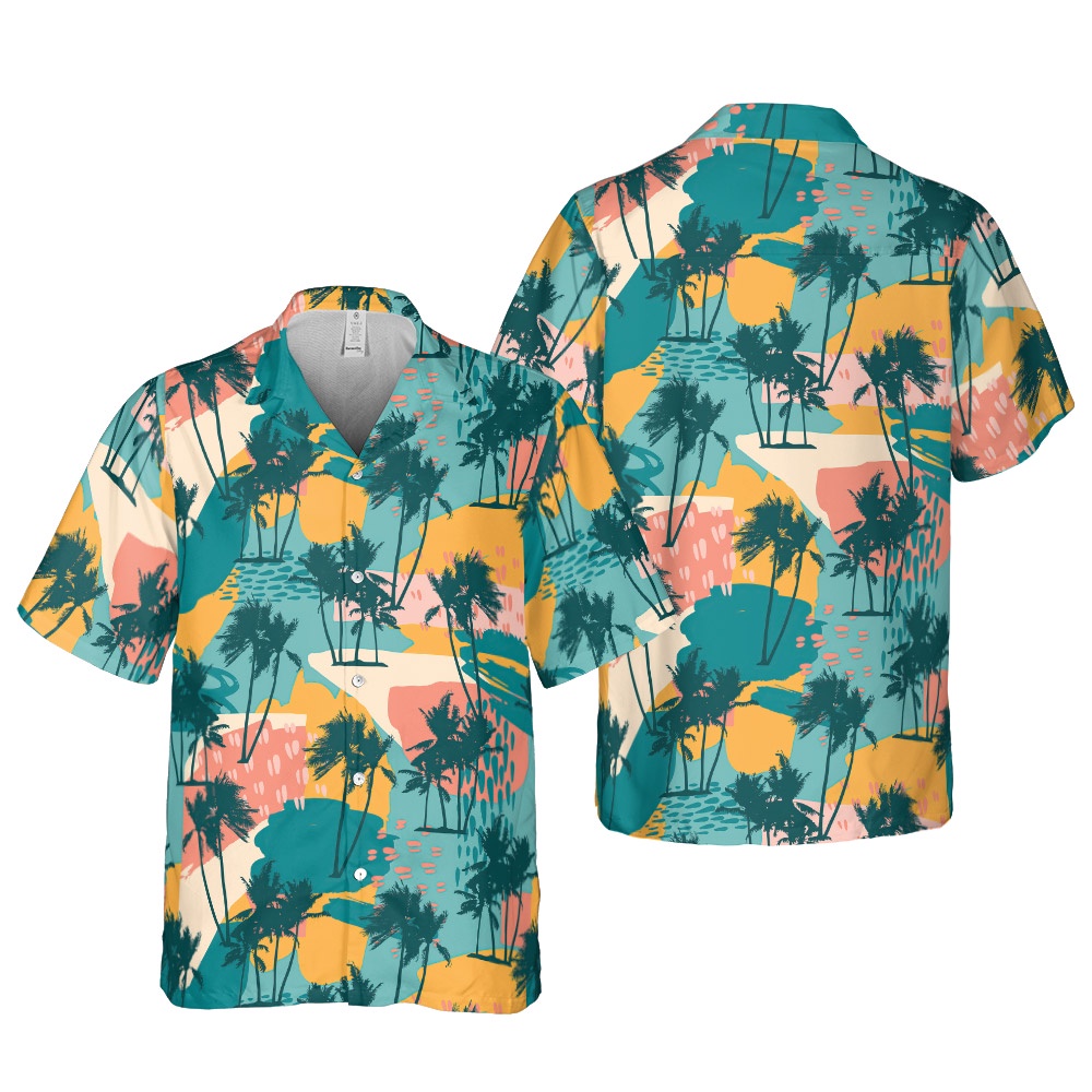 Áo Sơ Mi Hawaii Du Lịch, Áo Hoạ Tiết Cây Dừa Gam Màu Xanh Vàng Vintage, AoTot Vải Thoáng Mát