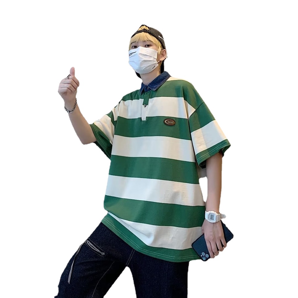 Áo Thun POLO Tay Ngắn Dáng Rộng Thoáng Khí In Họa Tiết Kẻ Sọc Phong Cách hip hop Đường Phố Hàn Quốc Thời Trang Mùa Hè Cho Nam