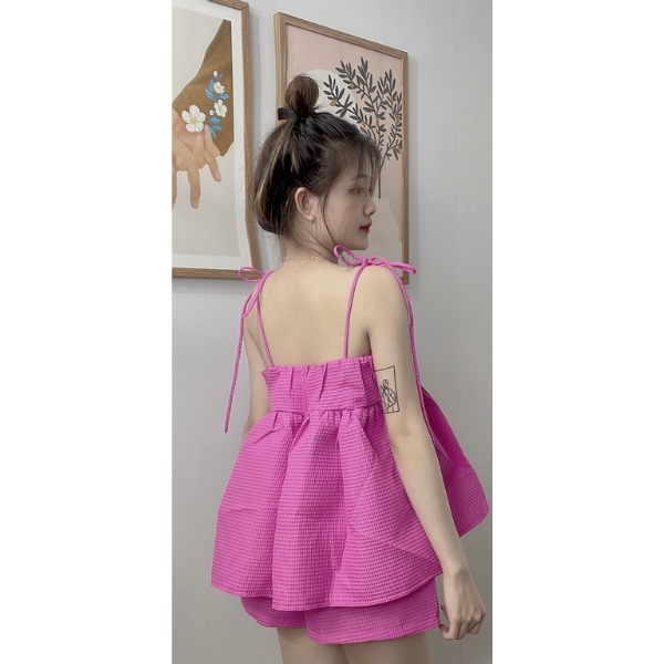 Set babydoll nữ ,set đồ nữ babydoll ,áo bánh bèo babydoll dây cột nơ kèm quần chất xốp đứng form siêu xinh PLS60