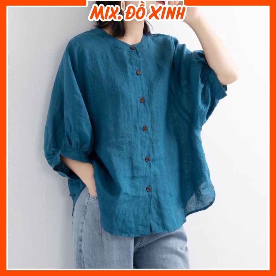 Áo sơ mi đũi nữ cổ tàu bigsize Thu Hà chất liệu đũi tơ mềm mát, form rộng che khuyết điểm SMH.34