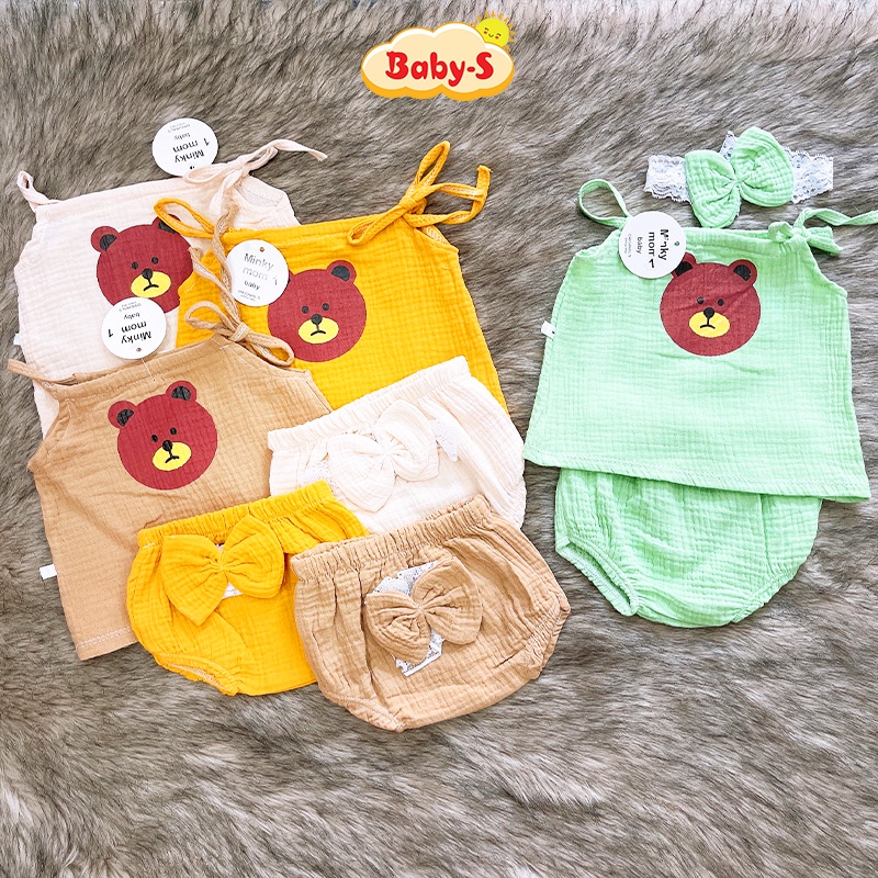 Bộ 2 dây cho bé gái, Đồ bộ cho bé gái 3-17kg chất vải xô muslin mềm mịn và thoáng mát cho bé yêu Baby-S – SBVN051