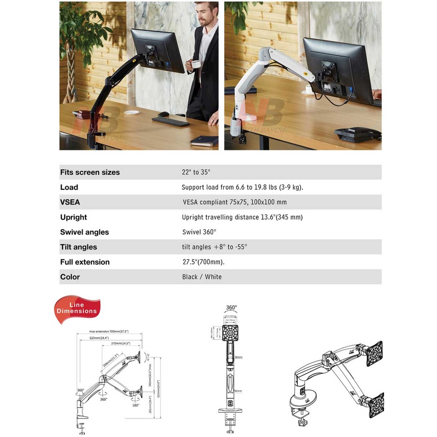 Giá treo màn hình máy tính Cao Cấp NB F100A 22 - 35 inch Arm màn hình tải trọng 12Kg.