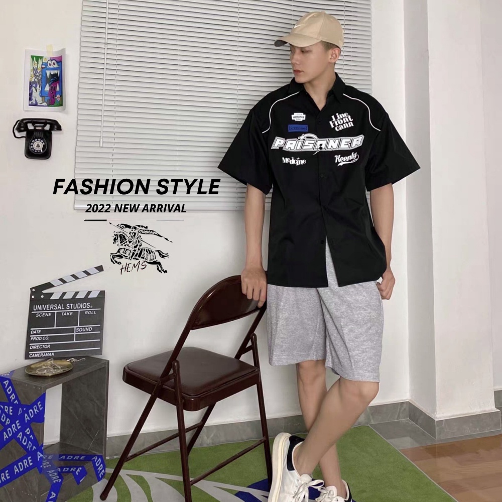 Áo sơ mi tay ngắn nam nữ unisex form rộng tay lỡ in chữ