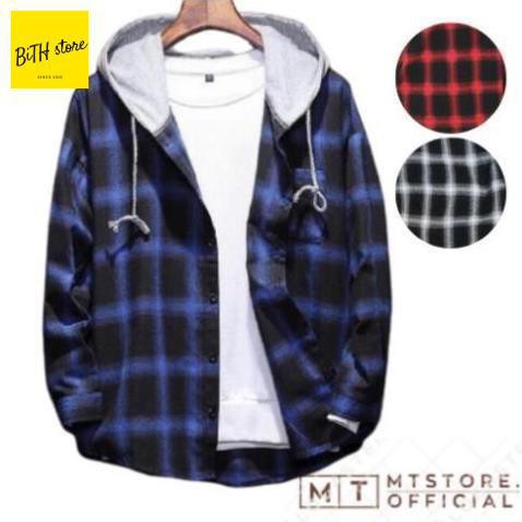 Áo khoác Sơ mi caro có mũ nam nữ chất nỉ bông dày dặn phong cách Hoodie Sweater chống nắng tốt  ྆ ྇