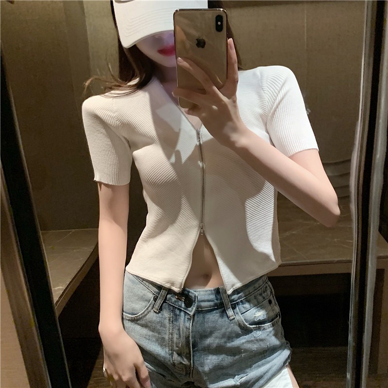 Áo Cardigan Dệt Kim Tay Ngắn Cổ Chữ V Phối Khóa Kéo Phong Cách Mới Mùa Hè 2022 Cho Nữ