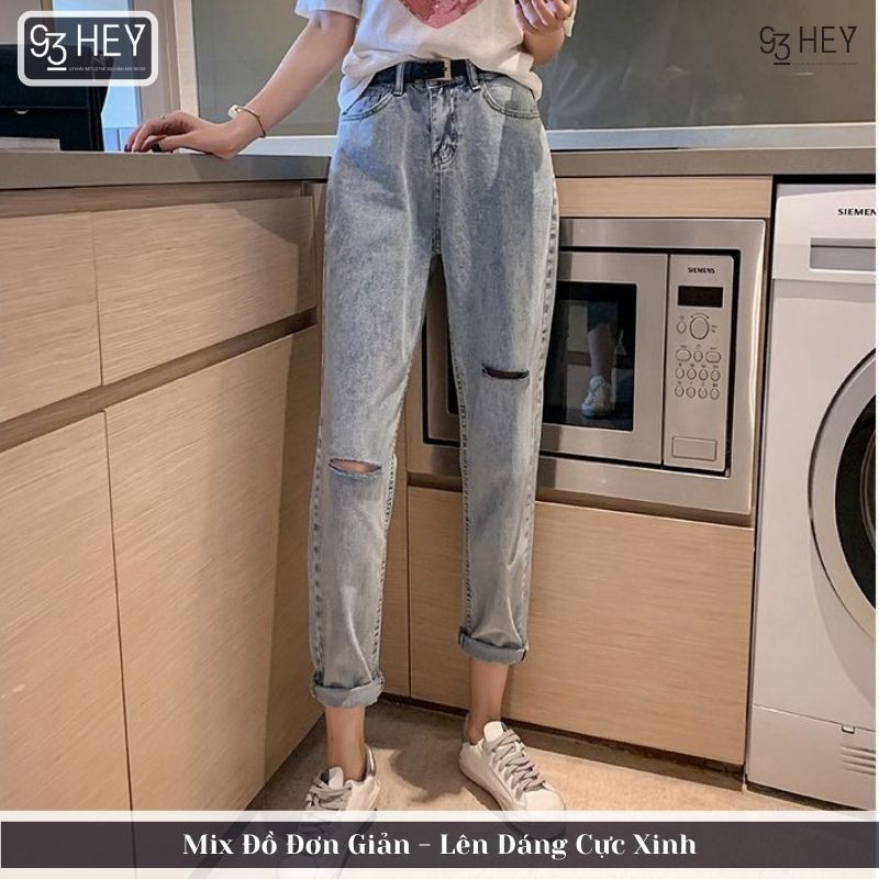 Quần Jean Nữ Rách Gối Cạp Cao Dáng Baggy Màu Xanh Phong Cách Hàn Quốc 93HEY QJ02