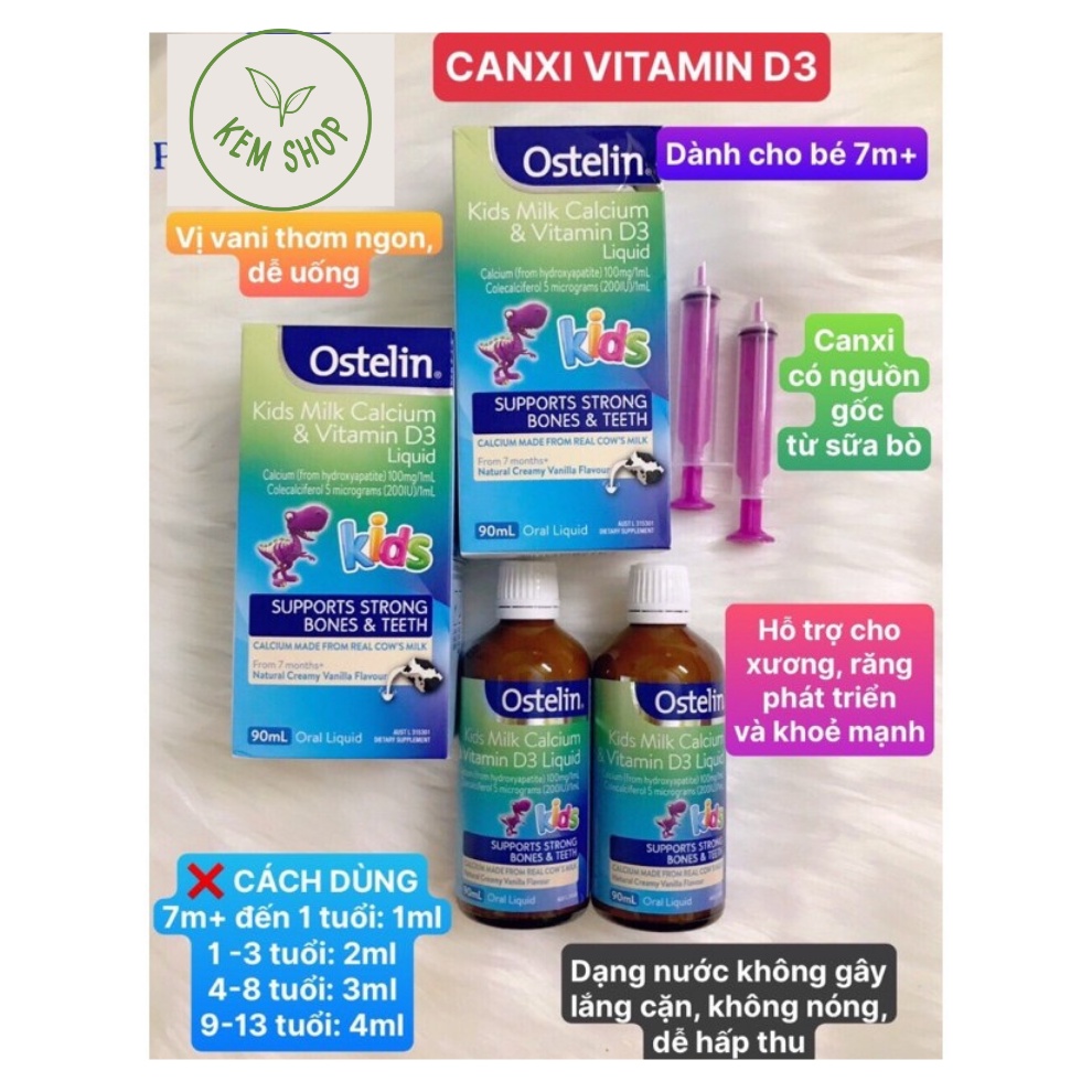 [CAM KẾT CHÍNH HÃNG] Canxi khủng long cho bé Ostelin Kids Milk Calcium &amp; D3 Úc (90v/90ml)