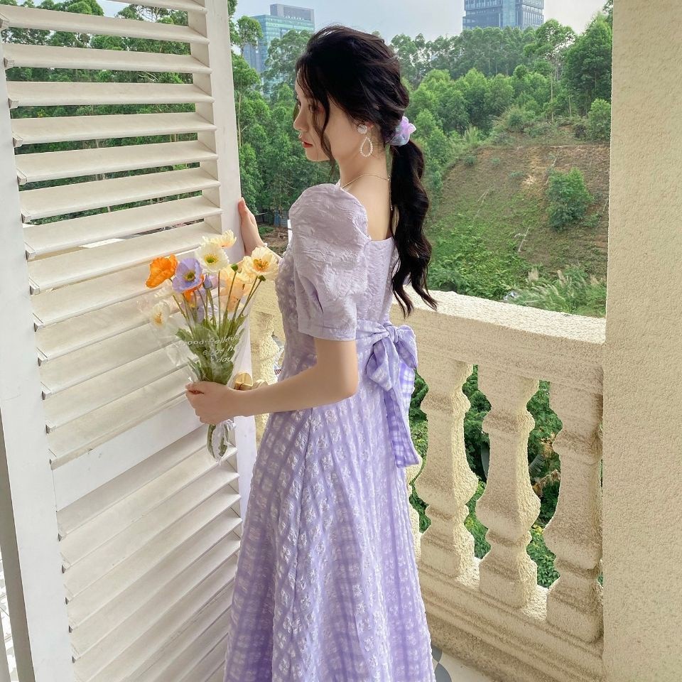 Đầm Tay Ngắn Phồng Màu Tím Phong Cách Pháp Thời Trang Mùa Hè Mới Cho Nữ