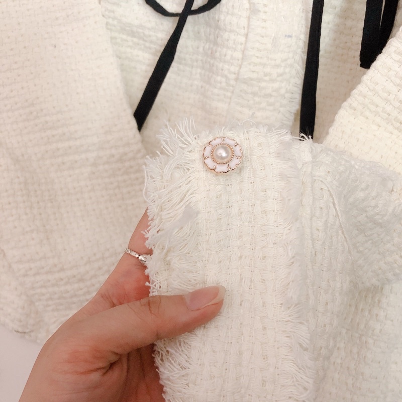 Áo dạ tweed cổ nơ tiểu thư có thể tháo rời