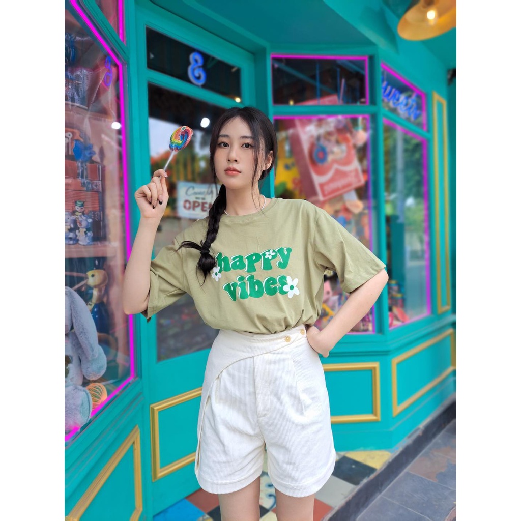 Áo thun oversize tay lỡ áo phông cotton nữ in chữ happy vibes thời trang GAGO màu rêu GA3831