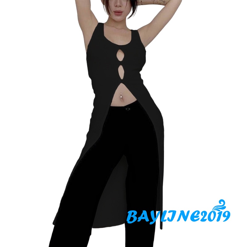 BAY-Women Summer Sleeveless Vest, Solid Color U-Neck Front Hollow Out Slit Hem Slim Fit Mid-Length Tank Tops