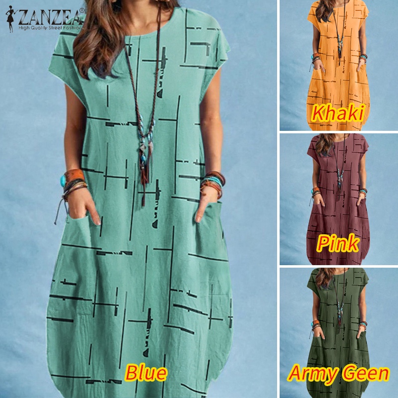 Zanzea Đầm Midi Ngắn Tay Cổ Tròn In Họa Tiết Phong Cách Châu Âu Thời Trang Cho Nữ