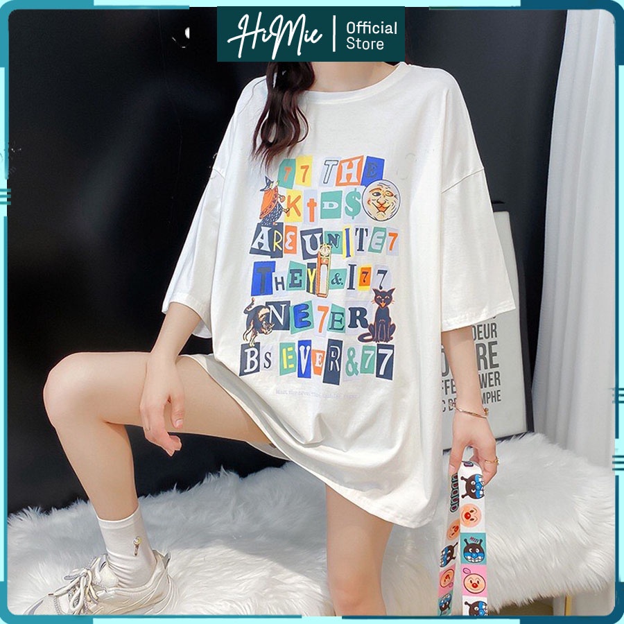 Áo Thun NữTay Lỡ In Hình, Áo Phông Nữ Dáng Rộng In Chữ Cái Màu Đen Trắng HiMie