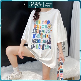 Áo Thun NữTay Lỡ In Hình, Áo Phông Nữ Dáng Rộng In Chữ Cái Màu Đen Trắng HiMie