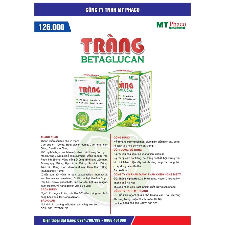 Viên uống Tràng Betaglucan giảm đau viêm đại tràng - Hộp 60 viên