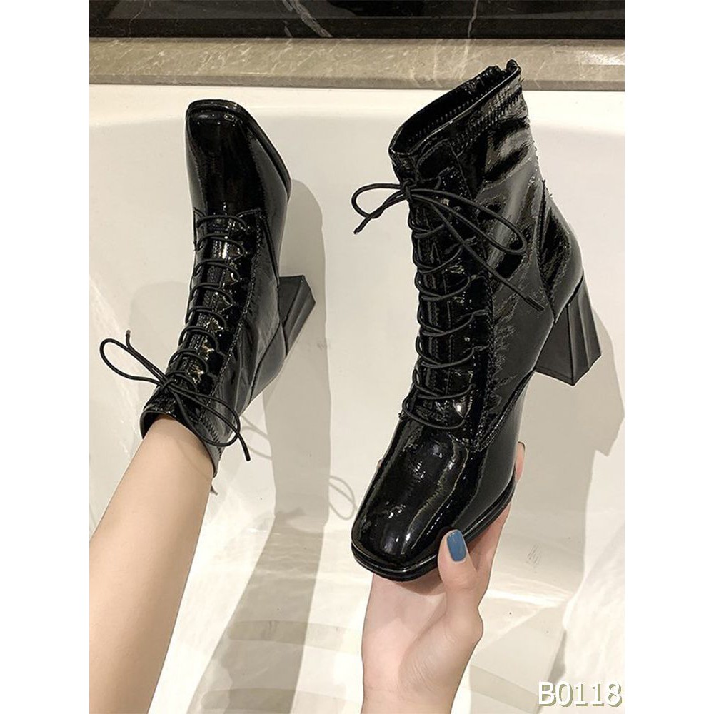 Sẵn Boots Da Bóng khóa rìa lot lông Thu đông 6.5cm Video ảnh thật