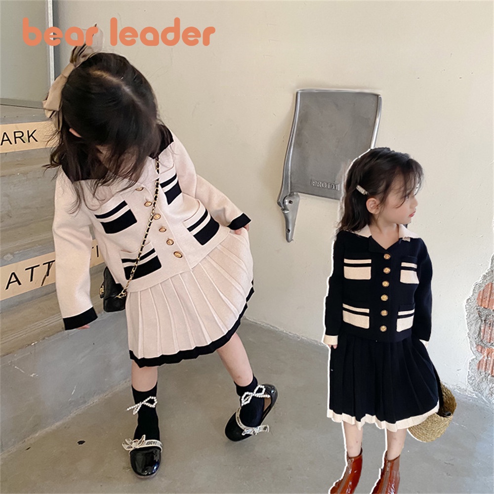 BEAR LEADER Set Áo Len Cardigan Phối Chân Váy 2 Món Thời Trang Mùa Thu Mới Cho Bé Gái 2-7 Tuổi