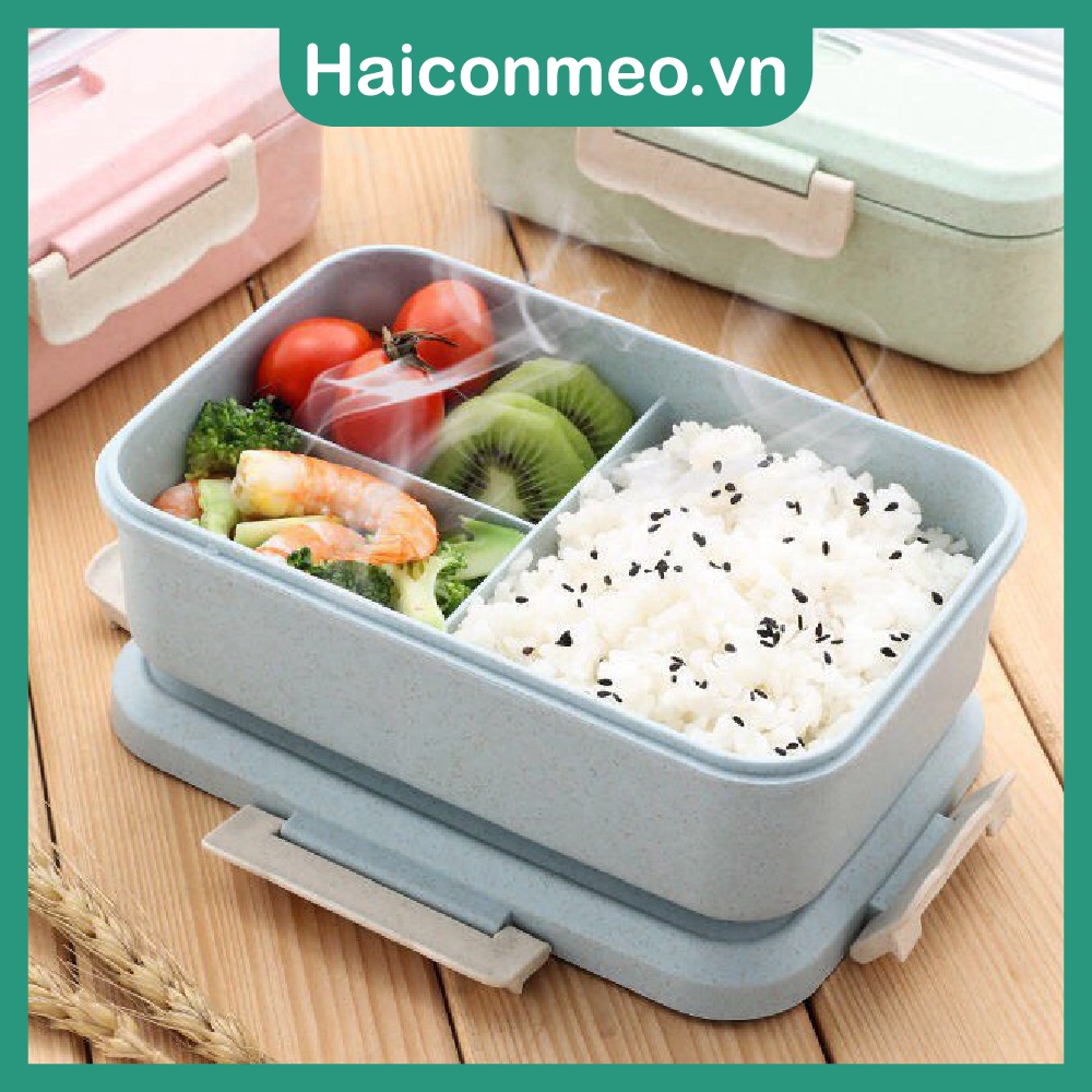 Hộp Đựng Cơm văn phòng Lúa Mạch 3 Ngăn kèm đũa muỗng inox 800ml