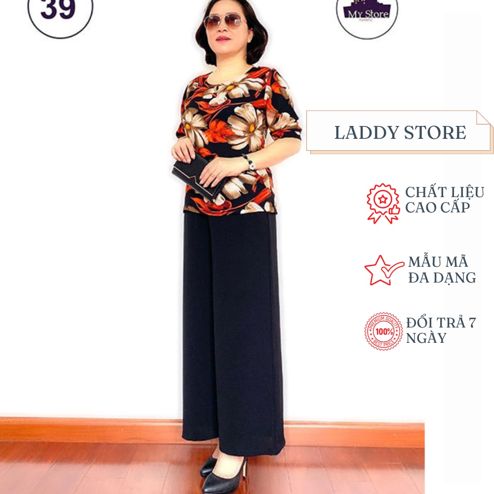 Đồ Bộ Trung Niên Tay Lỡ Phối Áo Lụa Hàn Châu Quần Đũi Siêu Mềm Siêu Mát Dành Cho Quý Bà - Laddy Store