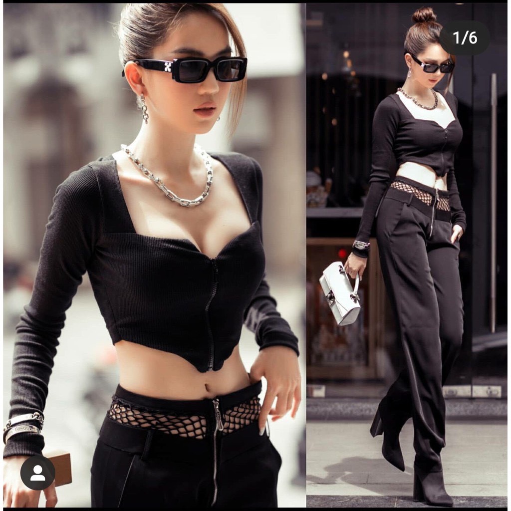 Áo tay dài croptop cổ vuông phối dây kéo trước cực xinh , chất thun bozip mềm mịn