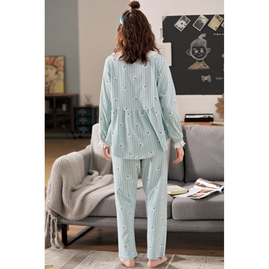 Bộ đồ bầu dài tay thu đông cổ bèo họa tiết HOA CÚC tiểu thư siêu xinh BD920