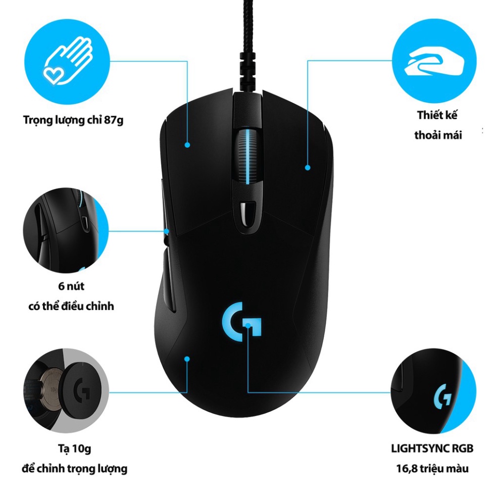 Chuột chơi game có dây Logitech G403 HERO 16.000 DPI, Chiếu sáng RGB