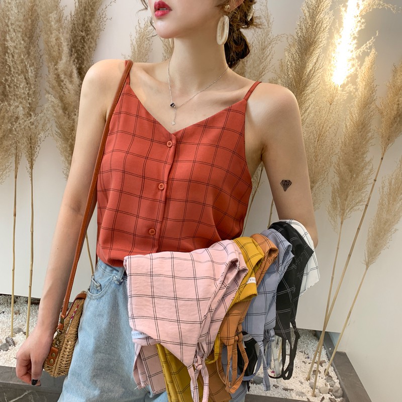 Áo nữ không tay cổ chữ V họa tiết caro thời trang quyến rũ