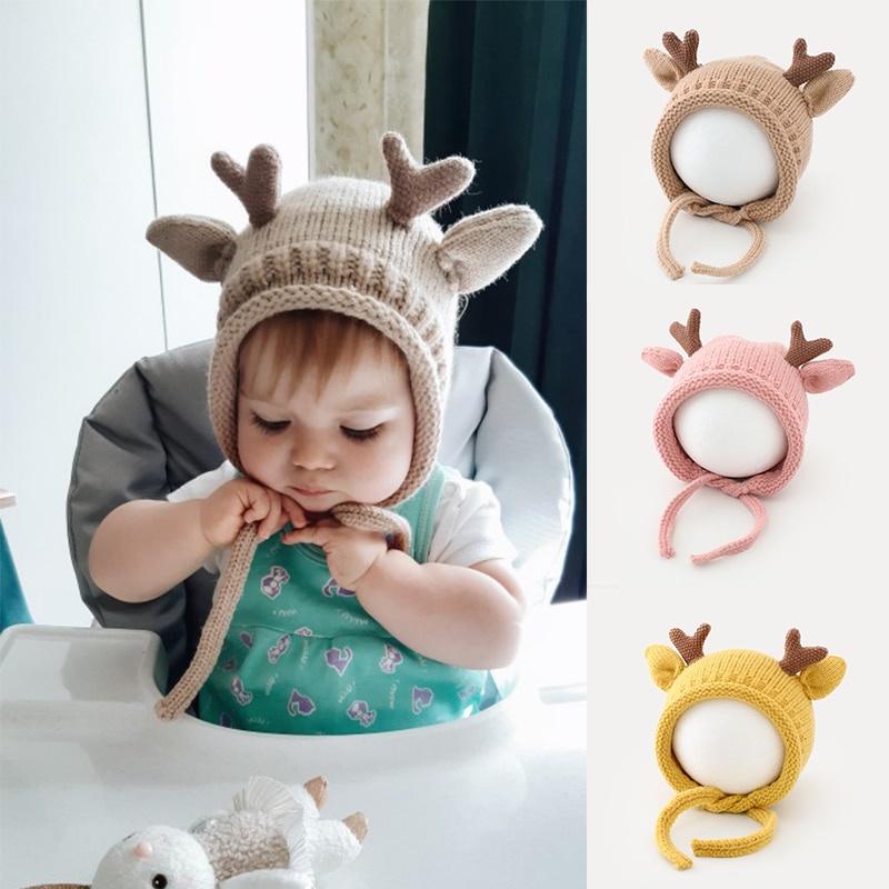 Mũ Len Beanie Sừng Tuần Lộc Dễ Thương Cho Bé