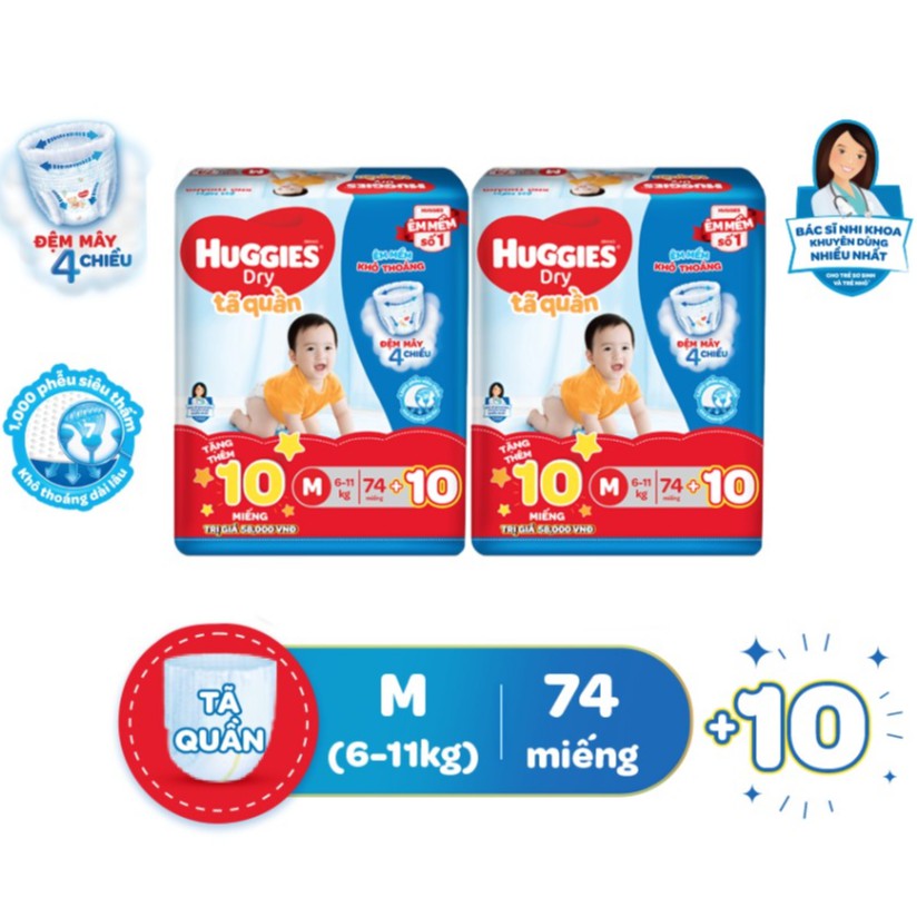 Bộ 2 gói Bỉm/Tả quần Huggies M74 tặng 20 miếng