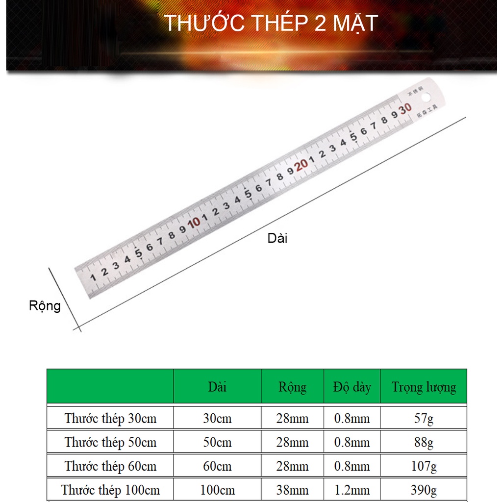 Thước thép 2 mặt dài 30cm, thước lá thép hai mặt với độ dài 30cm, có 2 màu chữ đỏ và đen - Chính hãng TUOSEN