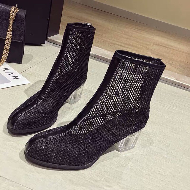 (Order) sz 35-40 Boots lưới cổ lửng gót trong suốt 5,5cm