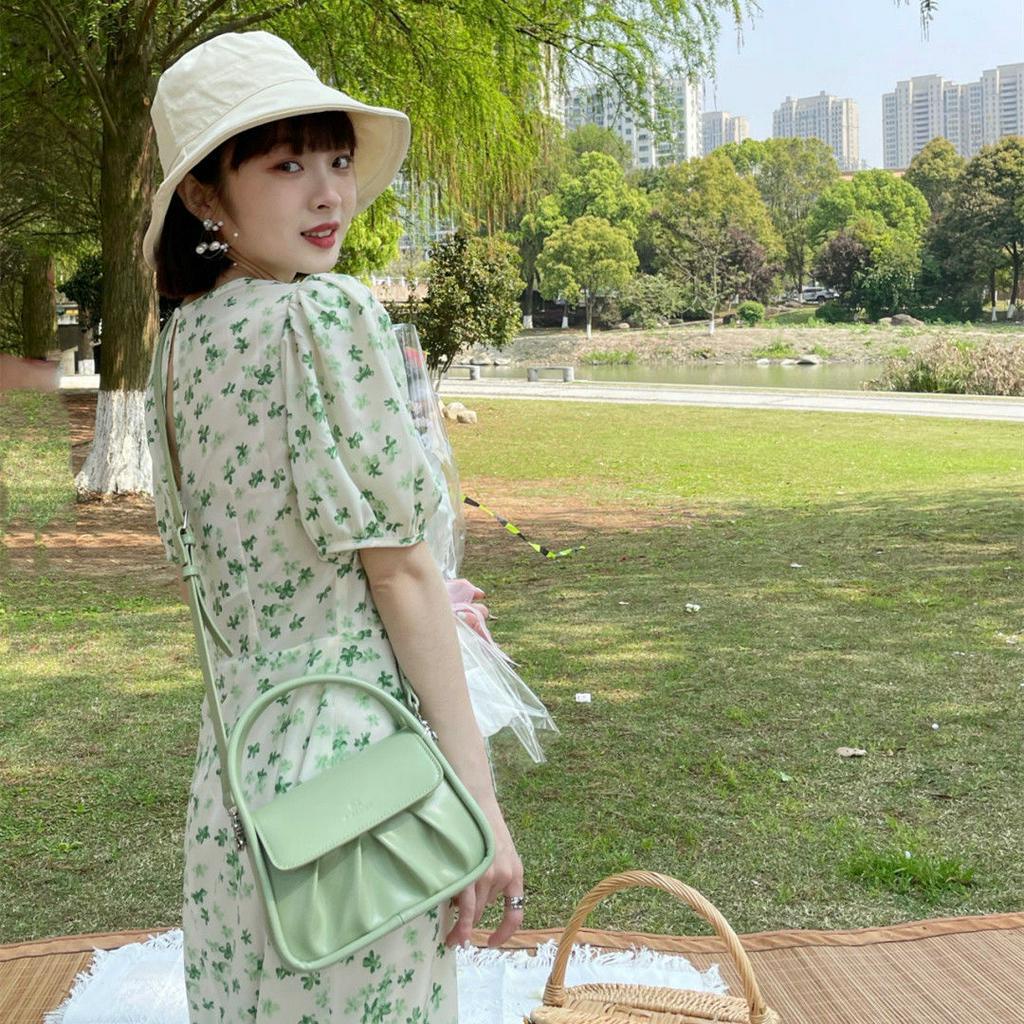 Đầm dài qua gối tay phồng nhấn eo màu xanh bạc hà thời trang mùa hè dành cho nữ