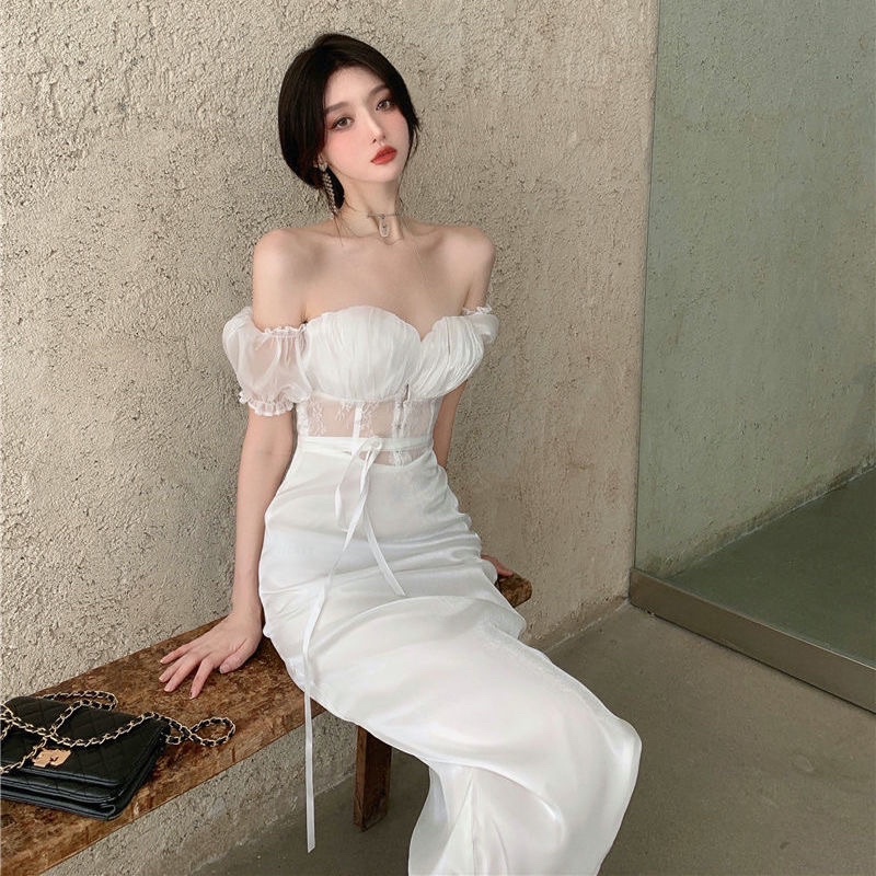 Đầm Cúp Ngực Trễ Vai Dáng Dài Rút Dây Bên