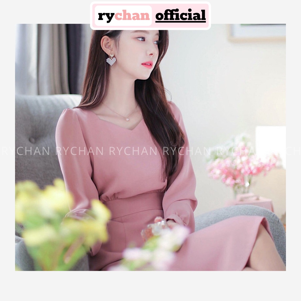 [ẢNH THẬT CUỐI] Đầm Xòe Hồng Cổ V Tay Dài Buộc Eo - DX832
