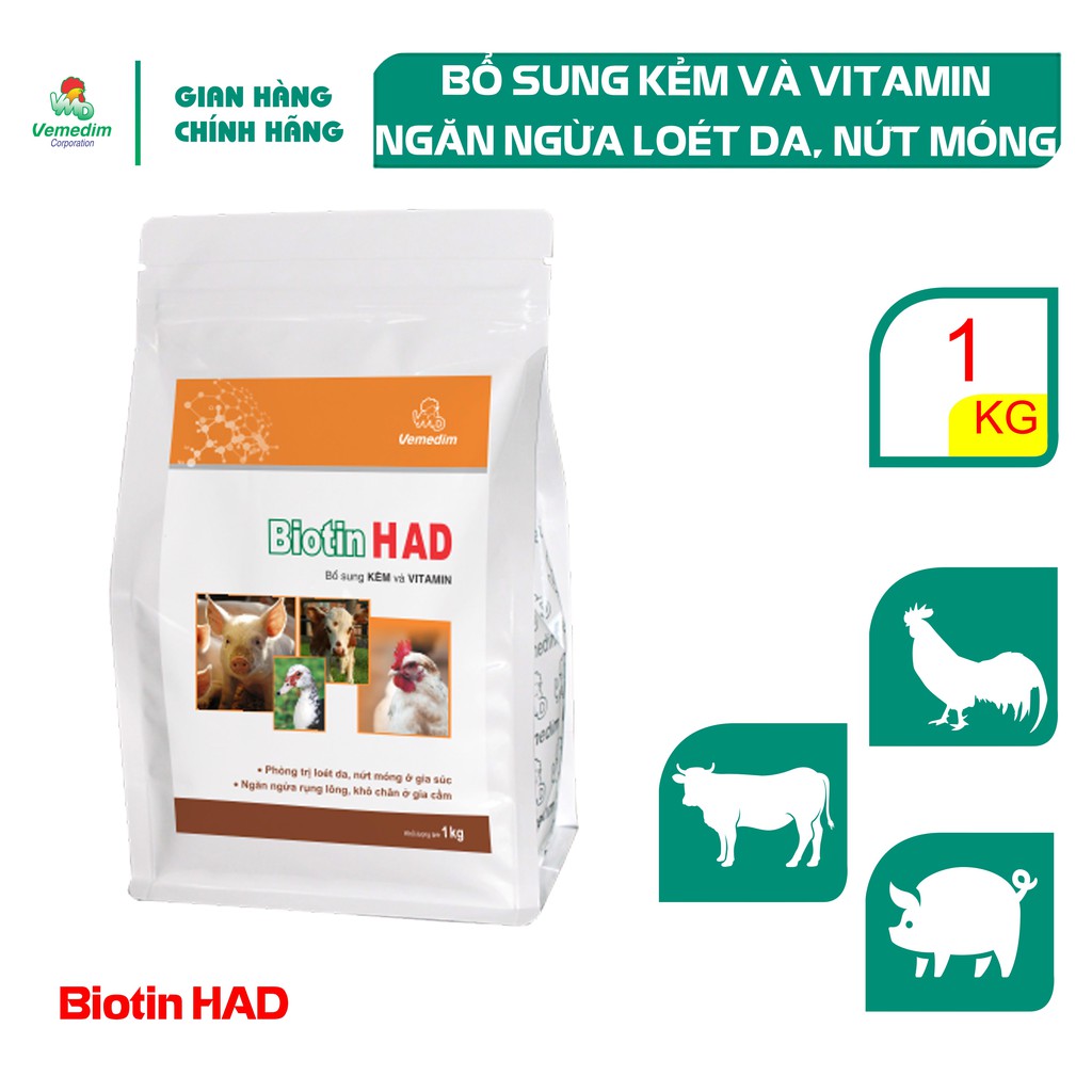 Vemedim Biotin HAD Bổ sung kẽm và vitamin ngăn ngừa loét da, nứt móng cho gia súc, gia cầm, gói 1kg