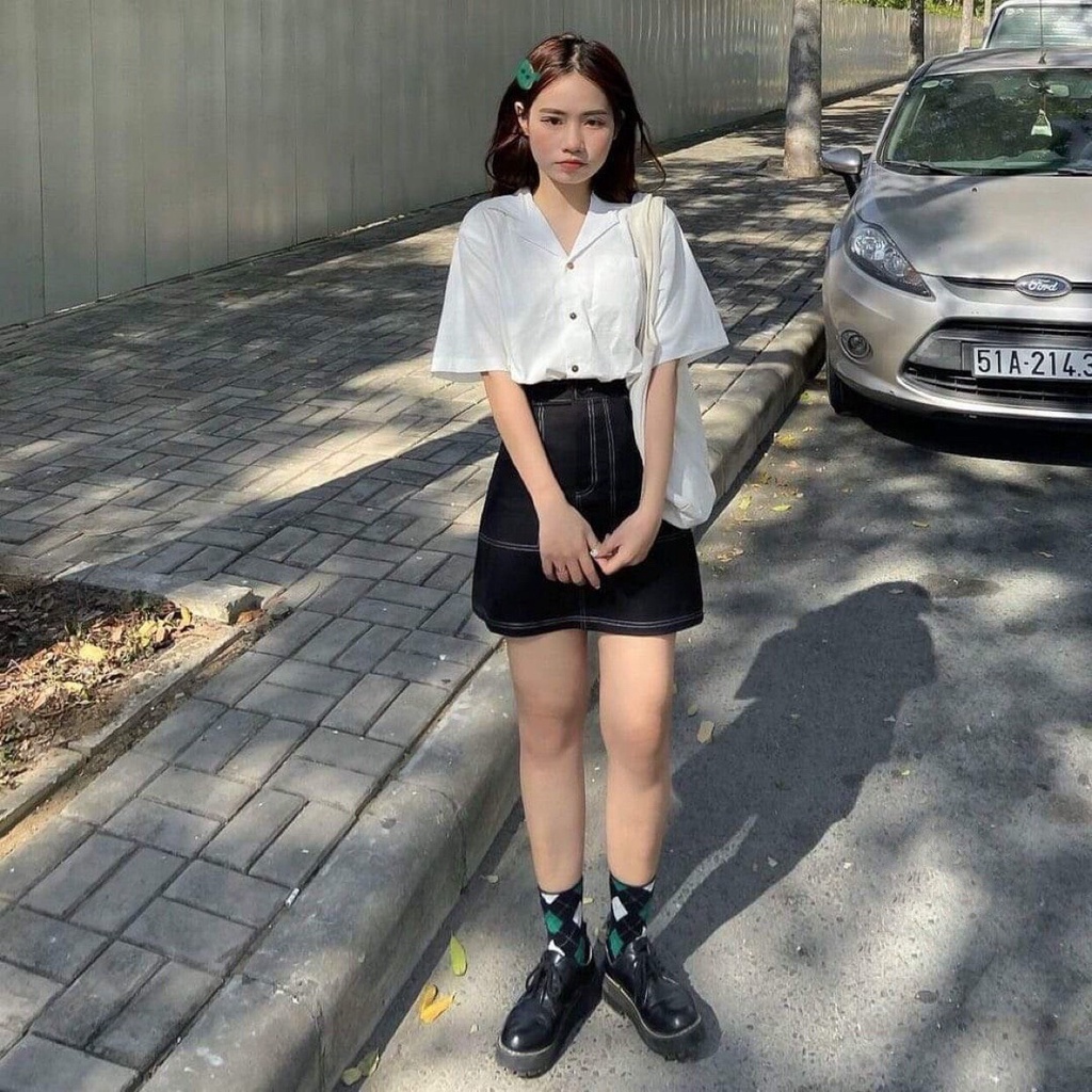 SET SƠ MI CỔ VEST MIX CHÂN VÁY CHỈ NỔI - BỘ CHÂN VÁY ĐEN CHỮ A + SƠ MI TÚI NGỰC TAY LỠ
