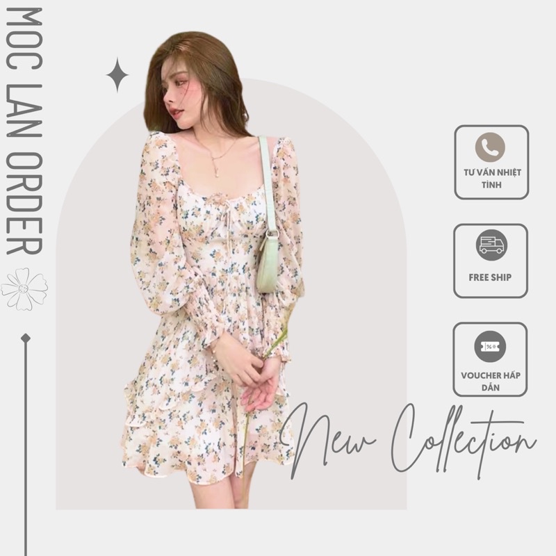 (MộcLan ORDER) Đầm xoè voan hoa nhí ulzzang tiểu thư công chúa xinh xắn/Váy bánh bèo trễ vai vintage retro - hàng chuẩn