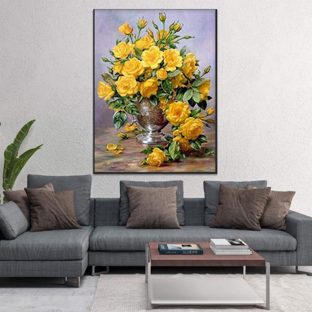 Tranh in canvas bình hoa vàng 50x70 kèm khung