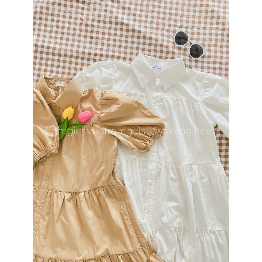 Váy babydoll sơ mi ba tầng, đầm sơ mi babydoll xòe tay phồng có cổ - V18G BROWN