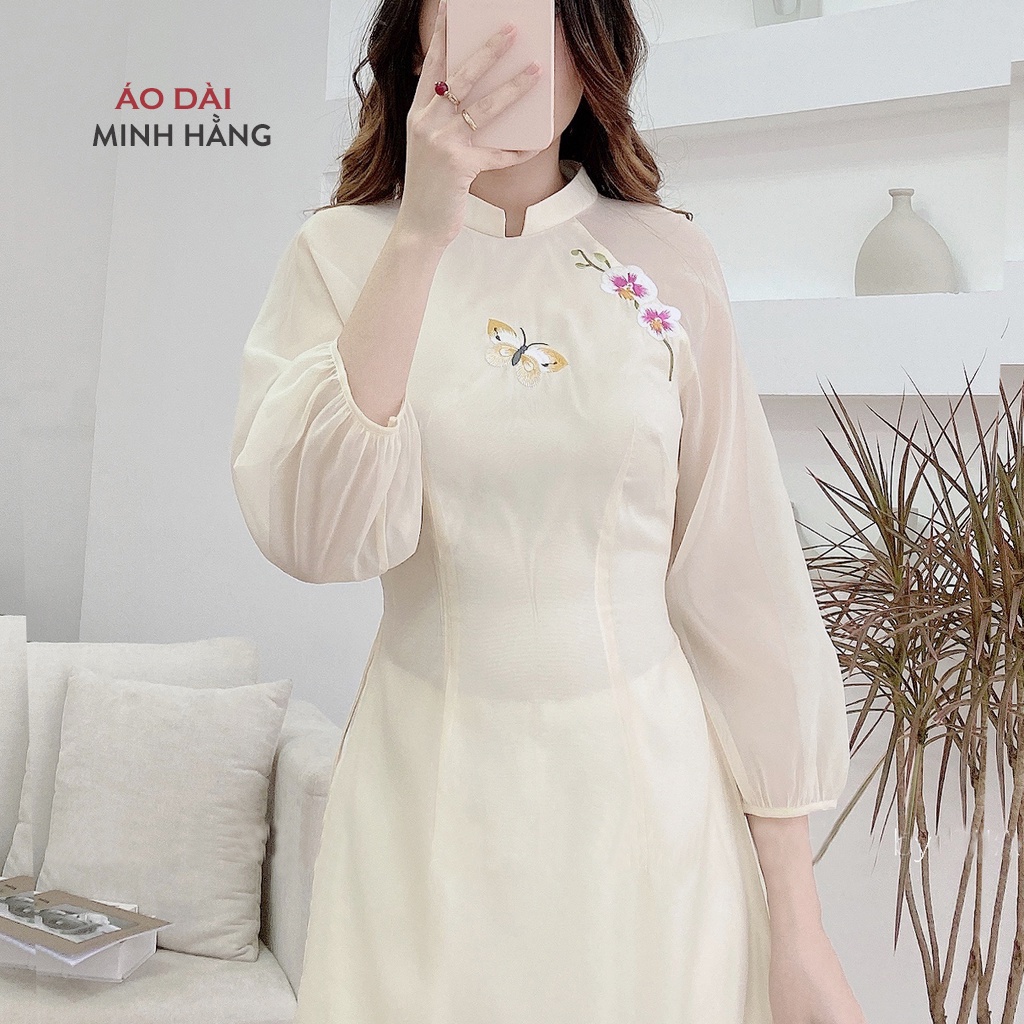 Áo dài nữ cách tân 4 tà thêu lan điệp hai lớp thủ công_ Áo Dài Minh Hằng