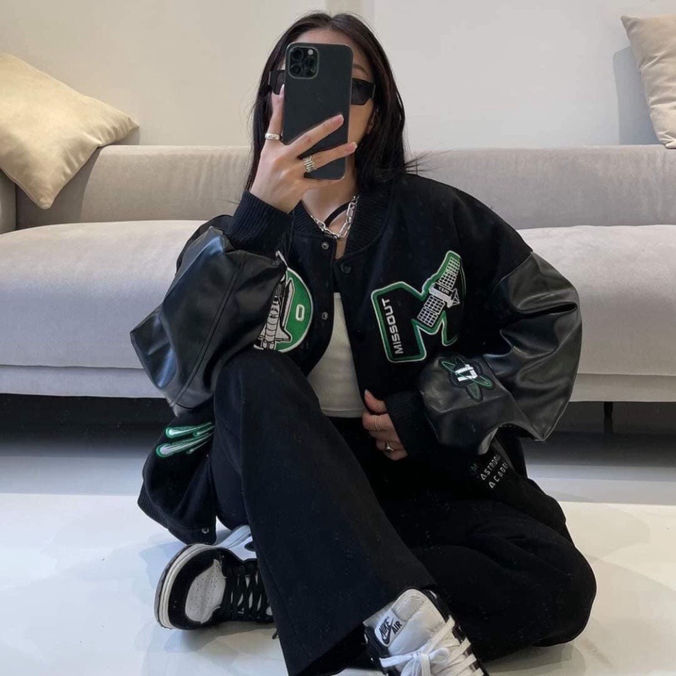 Áo Khoác Bomber - áo Bomber Nỉ Phối Tay Da Chữ M Form Rộng Hot Trend | BigBuy360 - bigbuy360.vn