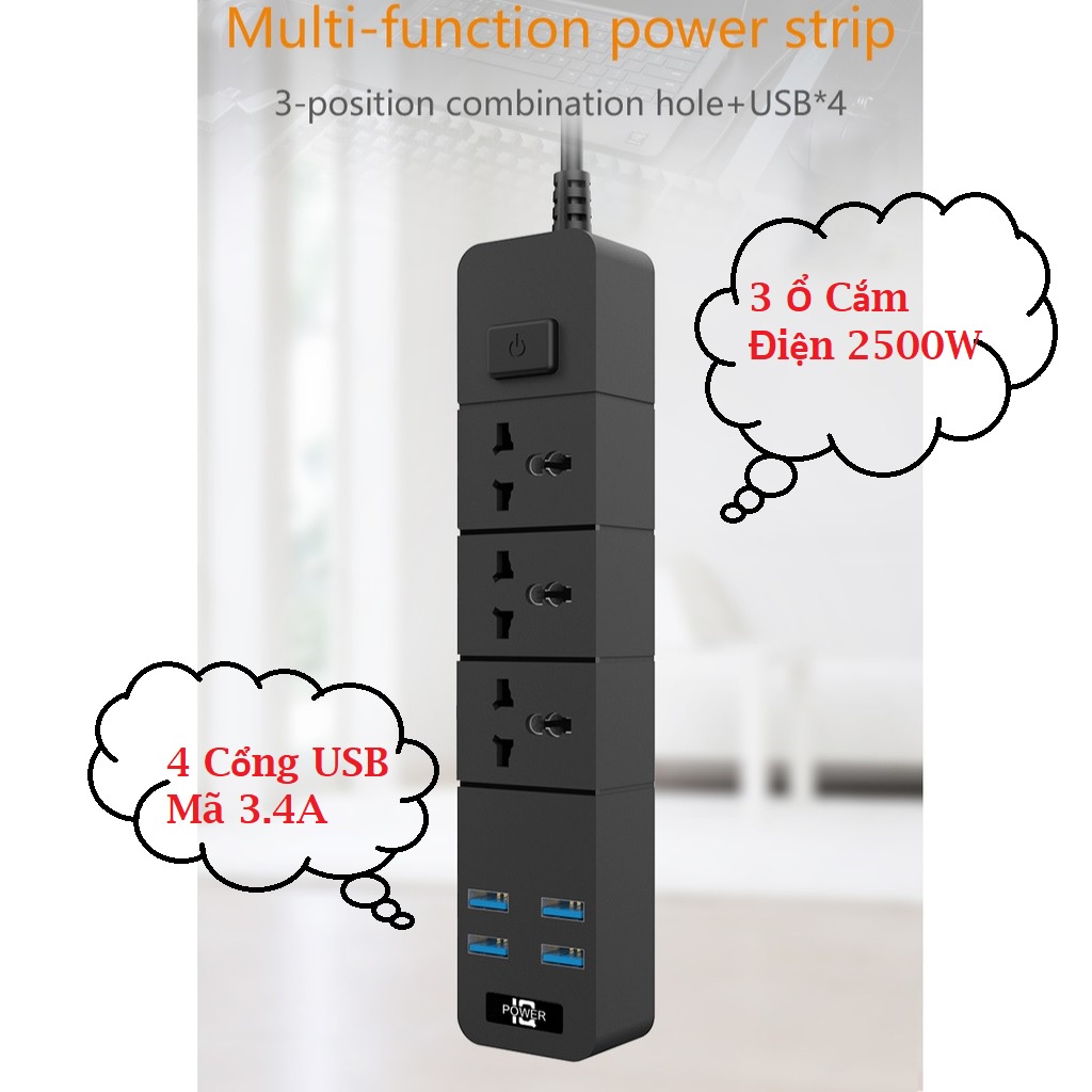 3 Ổ + 4USB 3.1A Ổ cắm điện thông minh cao cấp T08, dây dài 2m, 4 USB 3 phích cắm, công suất 2500W chống giật, lõi đồng