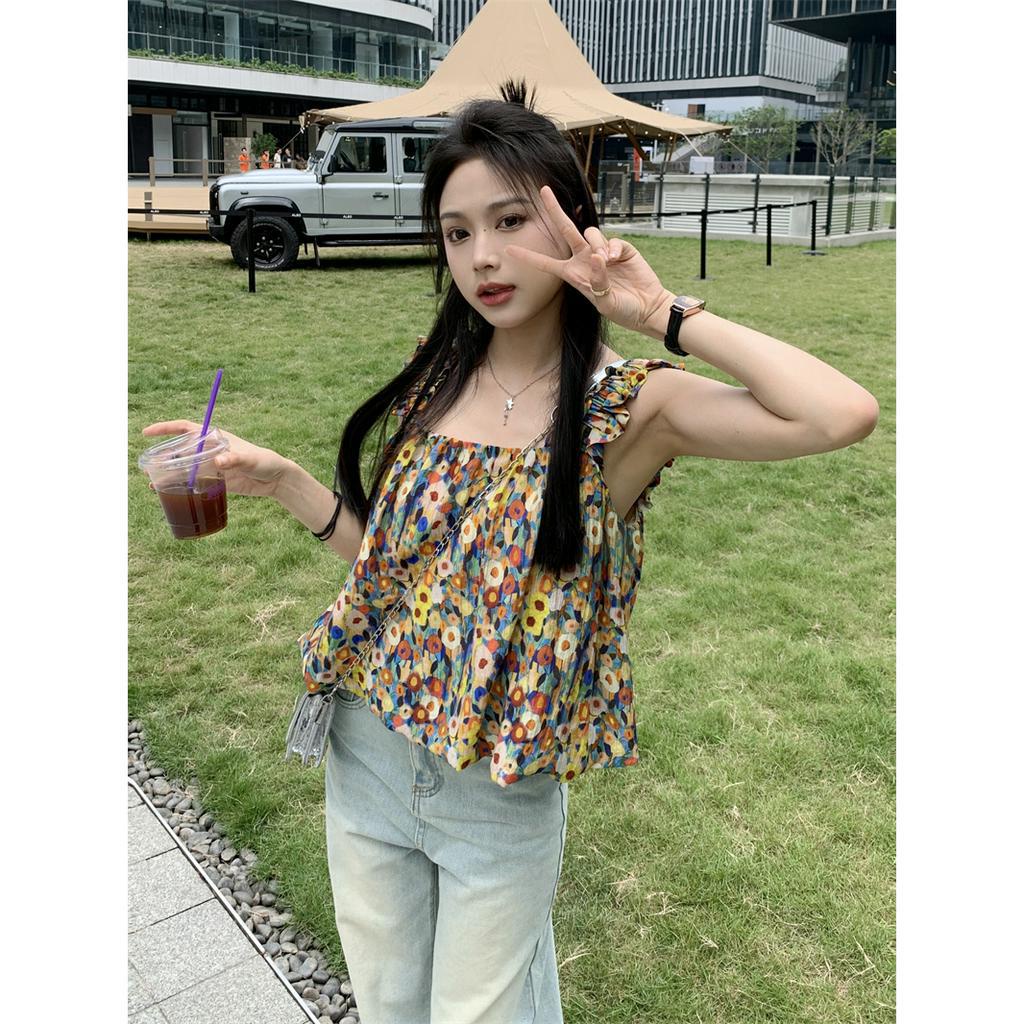 Lalisas Áo Hai Dây Dáng Rộng Ngắn In Tranh Sơn Dầu Ngọt Ngào Cho Nữ